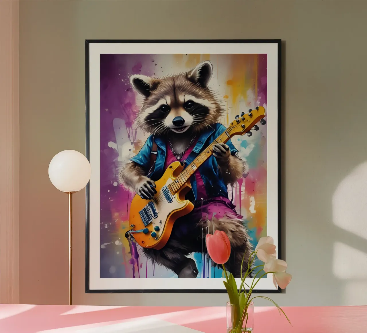 Waschbär spielt Gitarre Poster mit Kunststoffrahmen von MakArena
