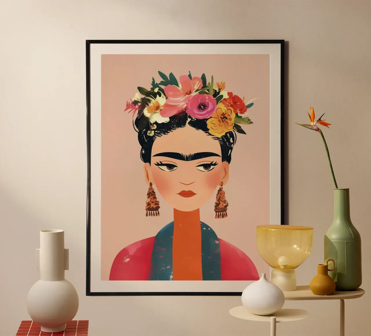 Frida Créative et colorée poster avec cadre en bois de Carinaprint