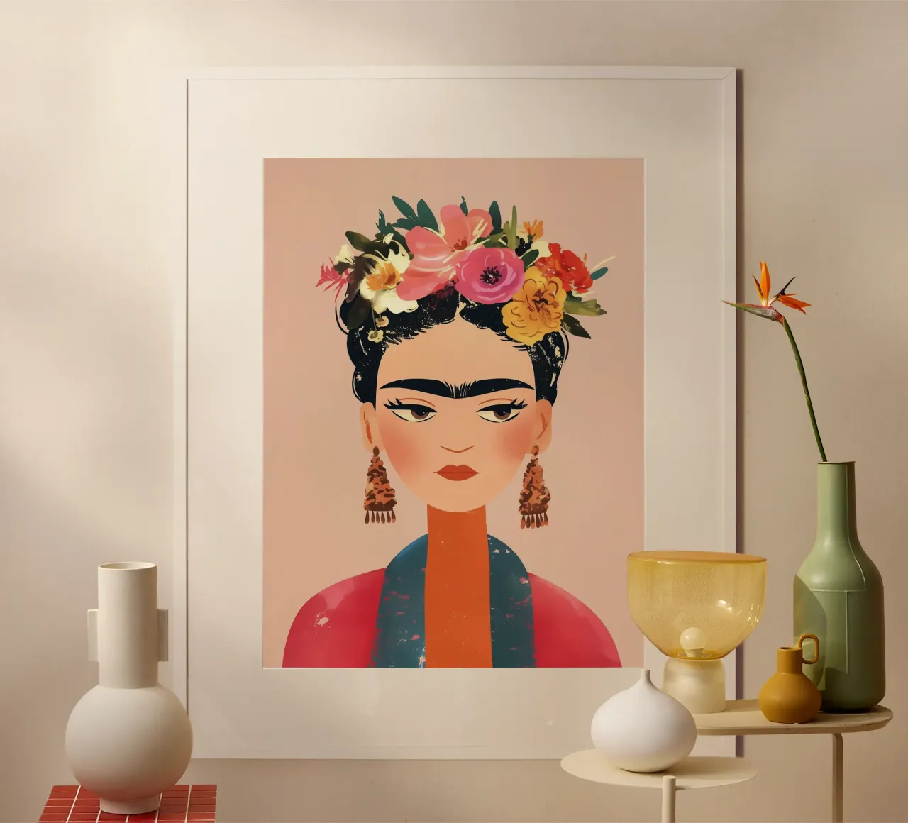 Frida Créative et colorée poster avec cadre en bois de Carinaprint