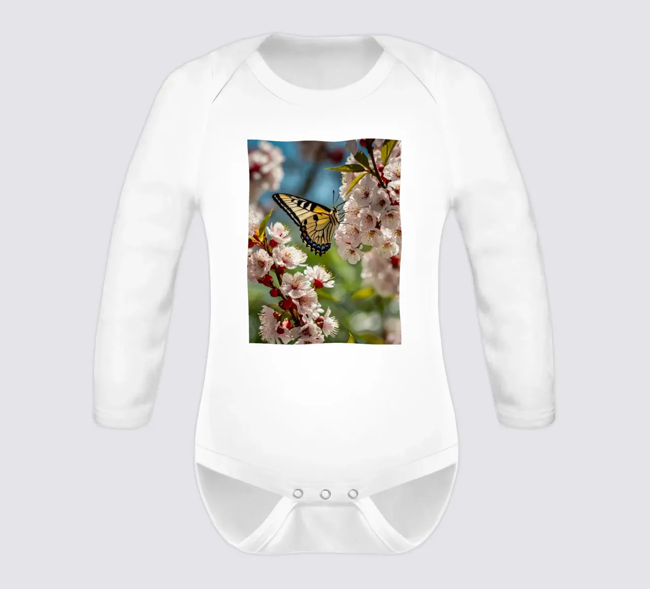A butterfly delicately rests on blooming flowers long-sleeve baby romper by DesignDoodle