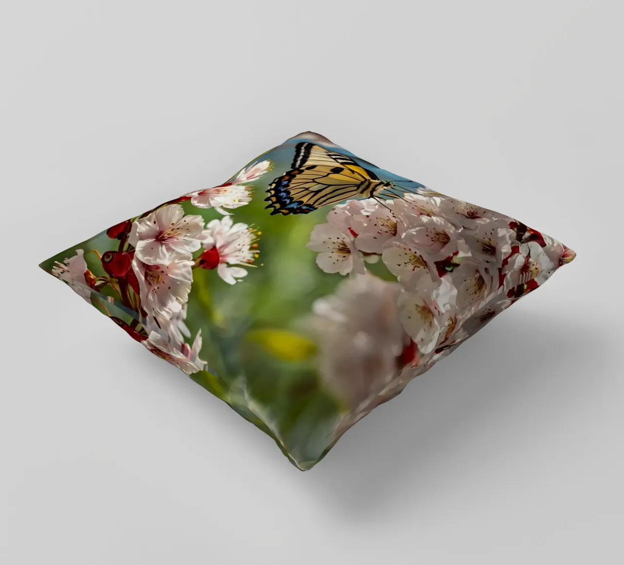 Una farfalla si posa delicatamente sui fiori sbocciati cuscino da DesignDoodle