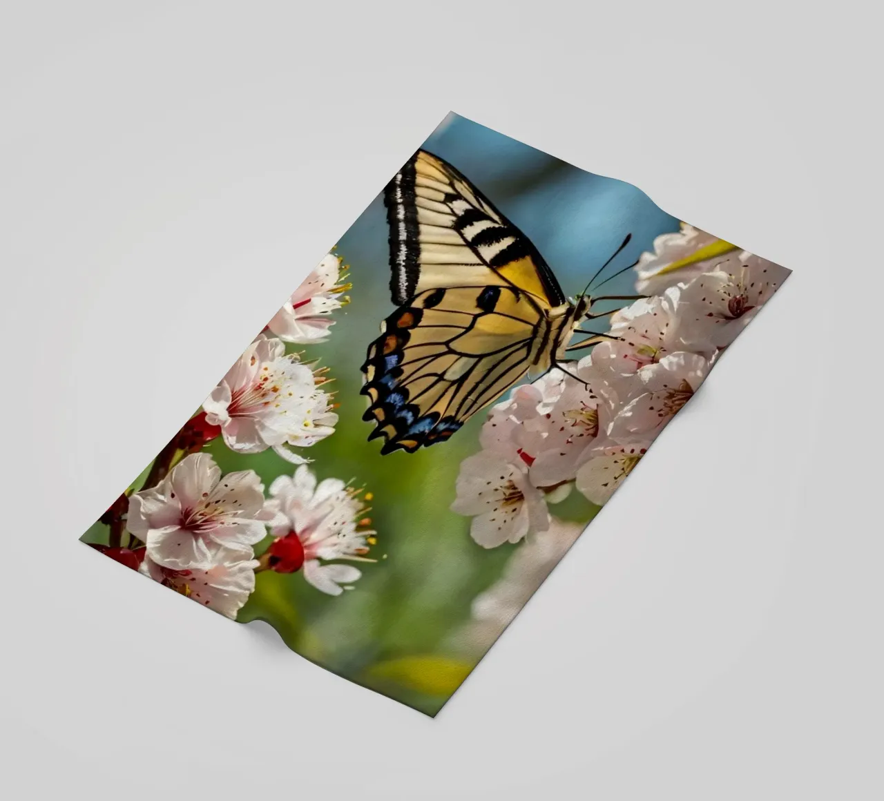 Una farfalla si posa delicatamente sui fiori sbocciati telo mare da DesignDoodle