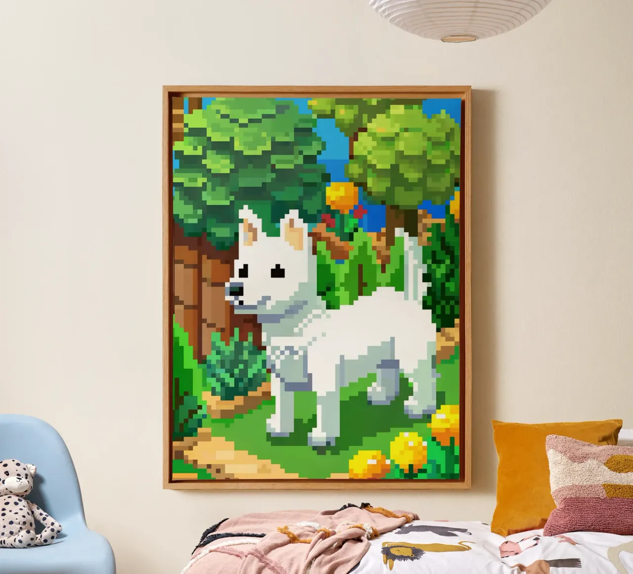 Witte hond in het park canvas met Baklijst van DOG AND CAT