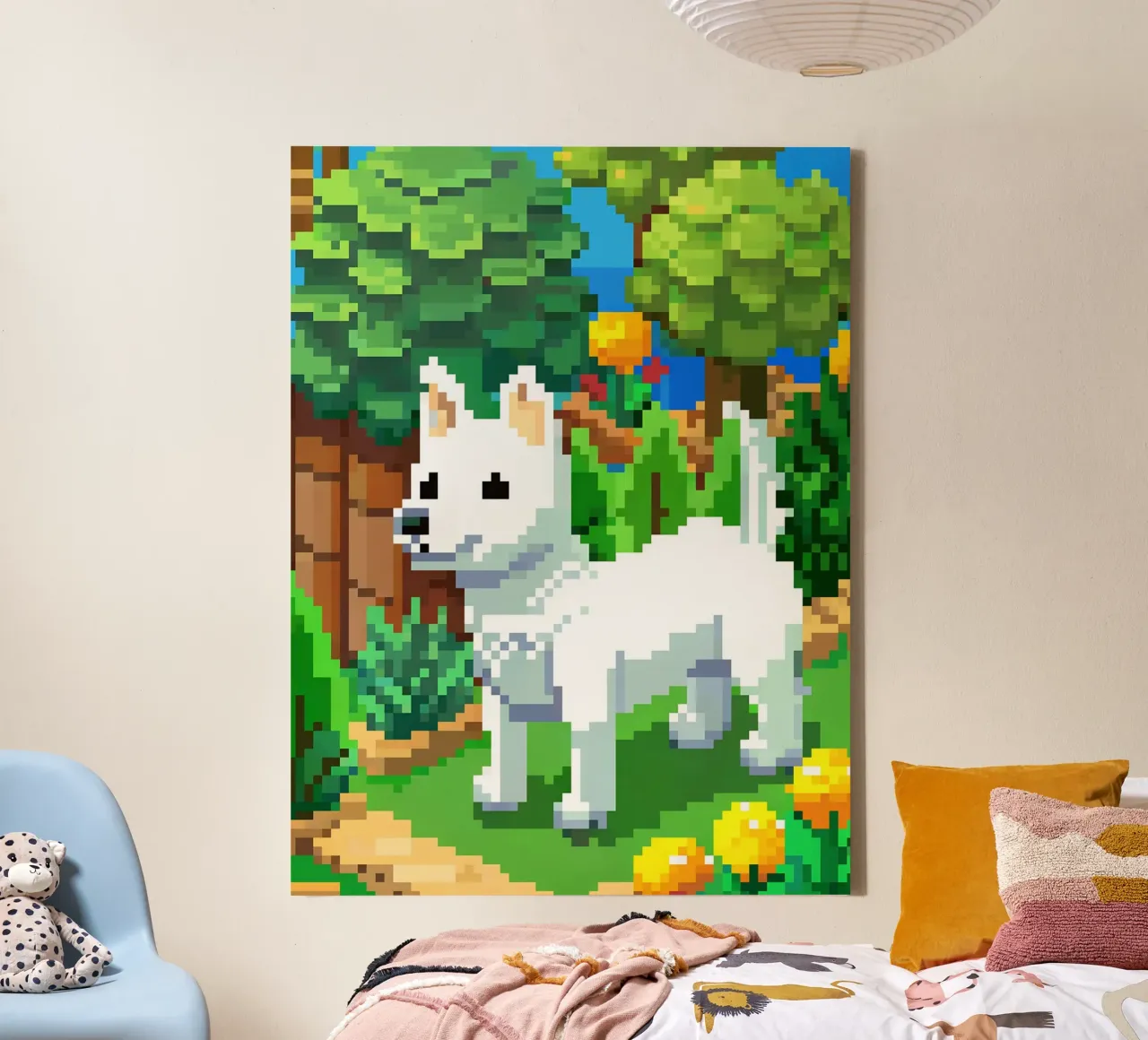 Witte hond in het park canvas met Baklijst van DOG AND CAT