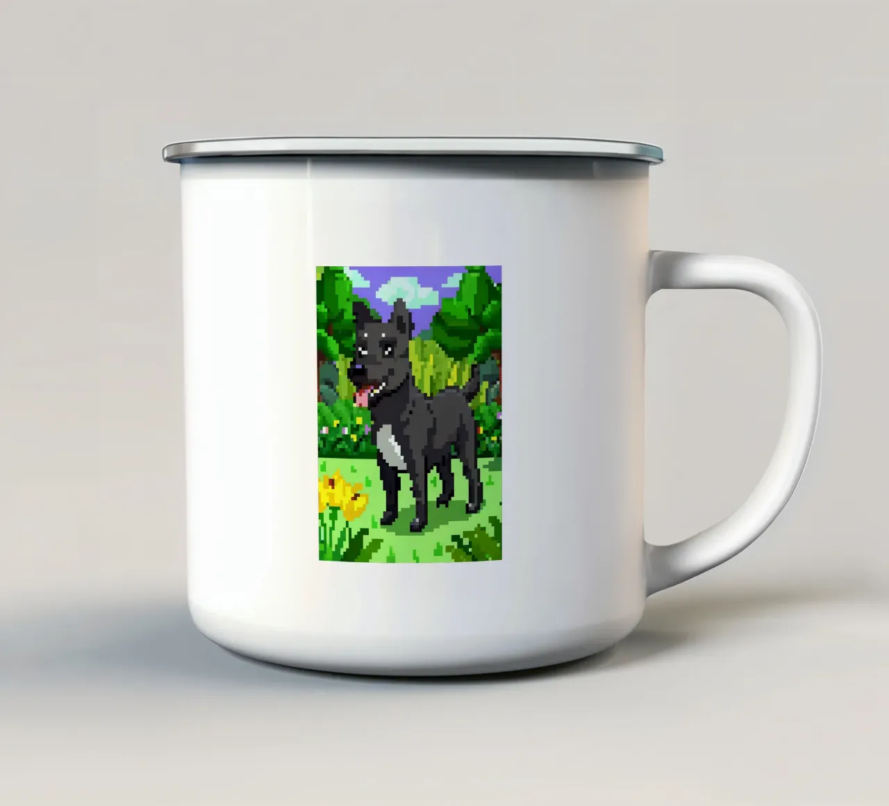 Cane nero in giardino verde tazza in smalto da DOG AND CAT