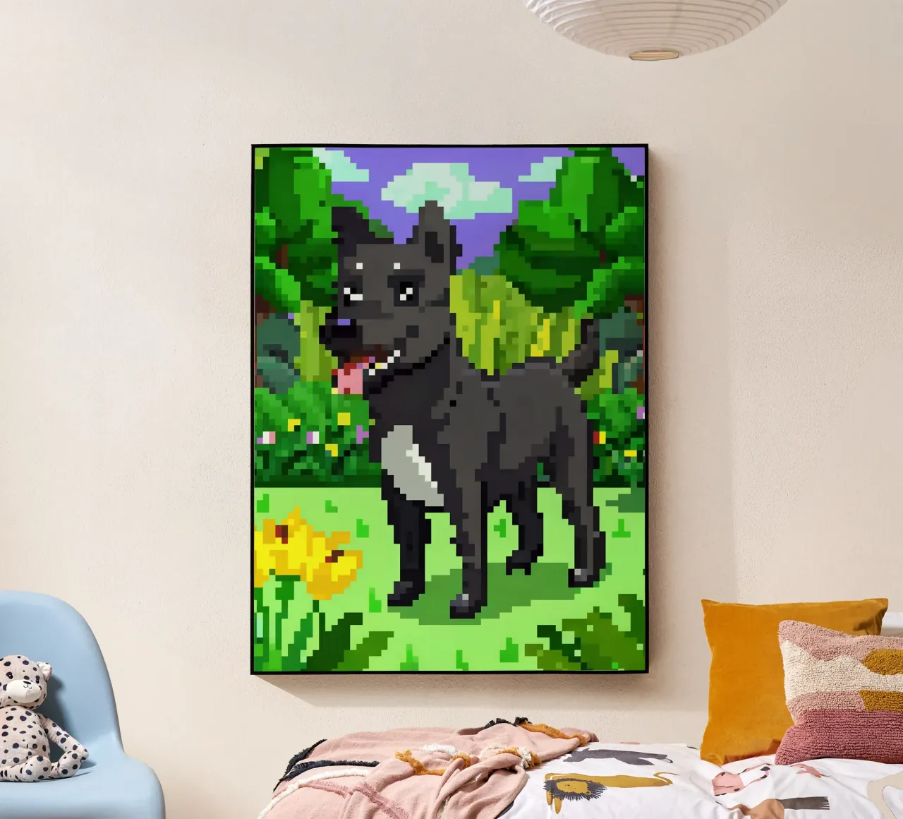 Cane nero in giardino verde plexiglass da DOG AND CAT