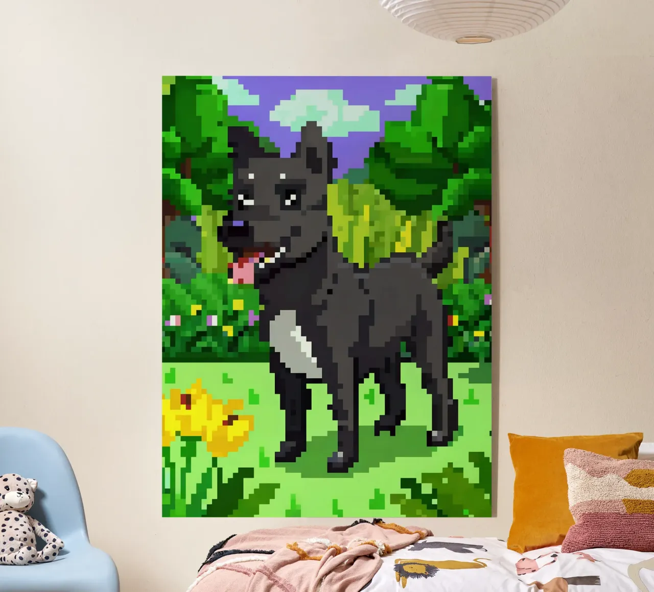 Cane nero in giardino verde plexiglass da DOG AND CAT