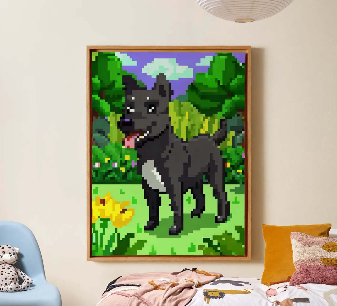 Zwarte hond in groene tuin canvas met Baklijst van DOG AND CAT