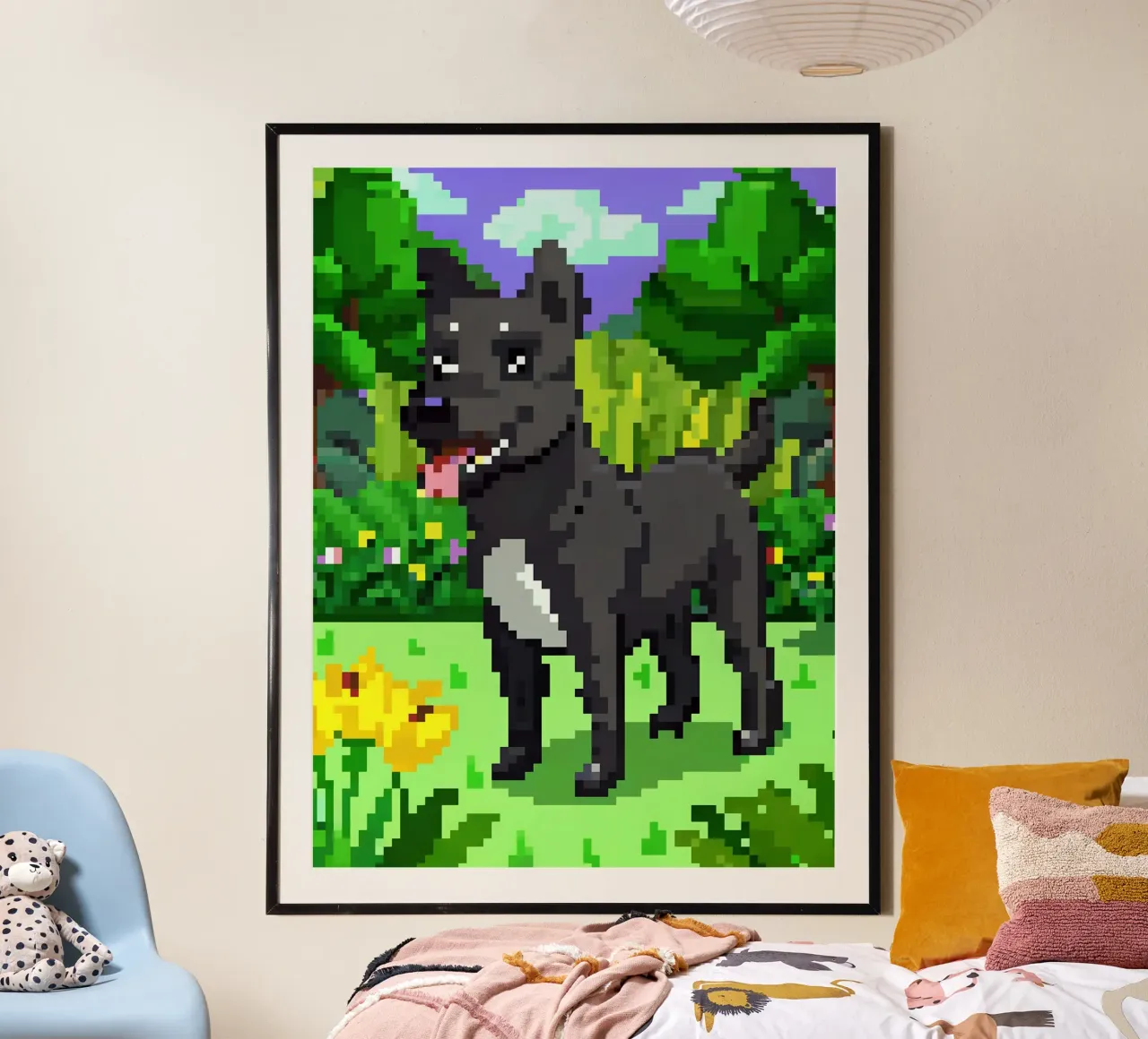 Cane nero in giardino verde poster con telaio in plastica da DOG AND CAT
