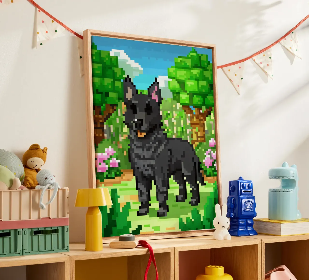 Zwarte hond in groene tuin canvas met Baklijst van DOG AND CAT