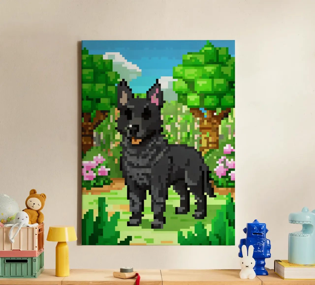 Zwarte hond in groene tuin canvas met Baklijst van DOG AND CAT