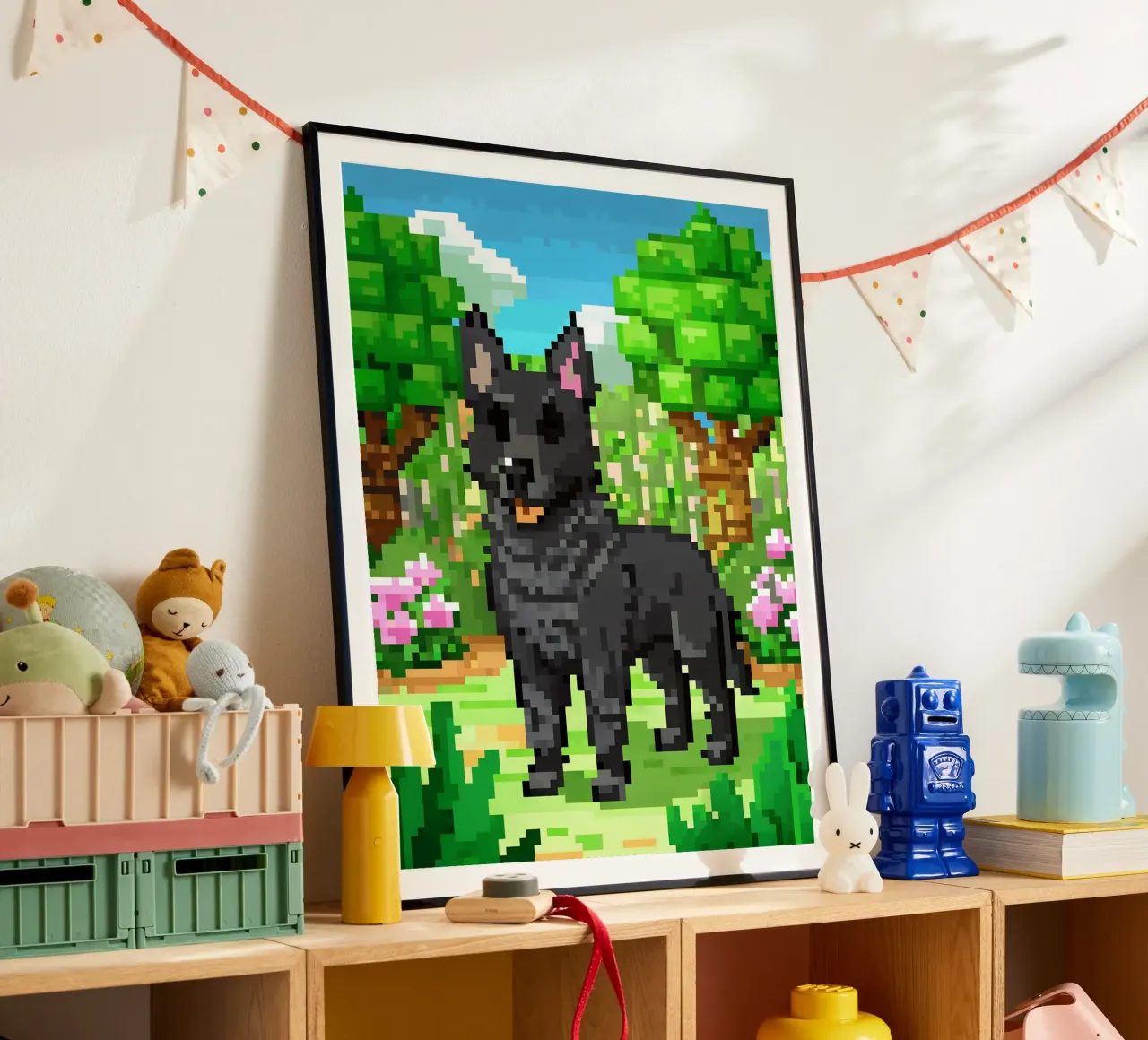 Cane nero in giardino verde poster con telaio in plastica da DOG AND CAT