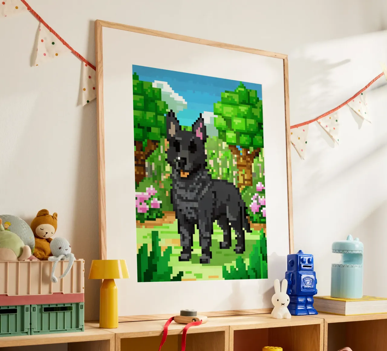 Cane nero in giardino verde poster con telaio in plastica da DOG AND CAT