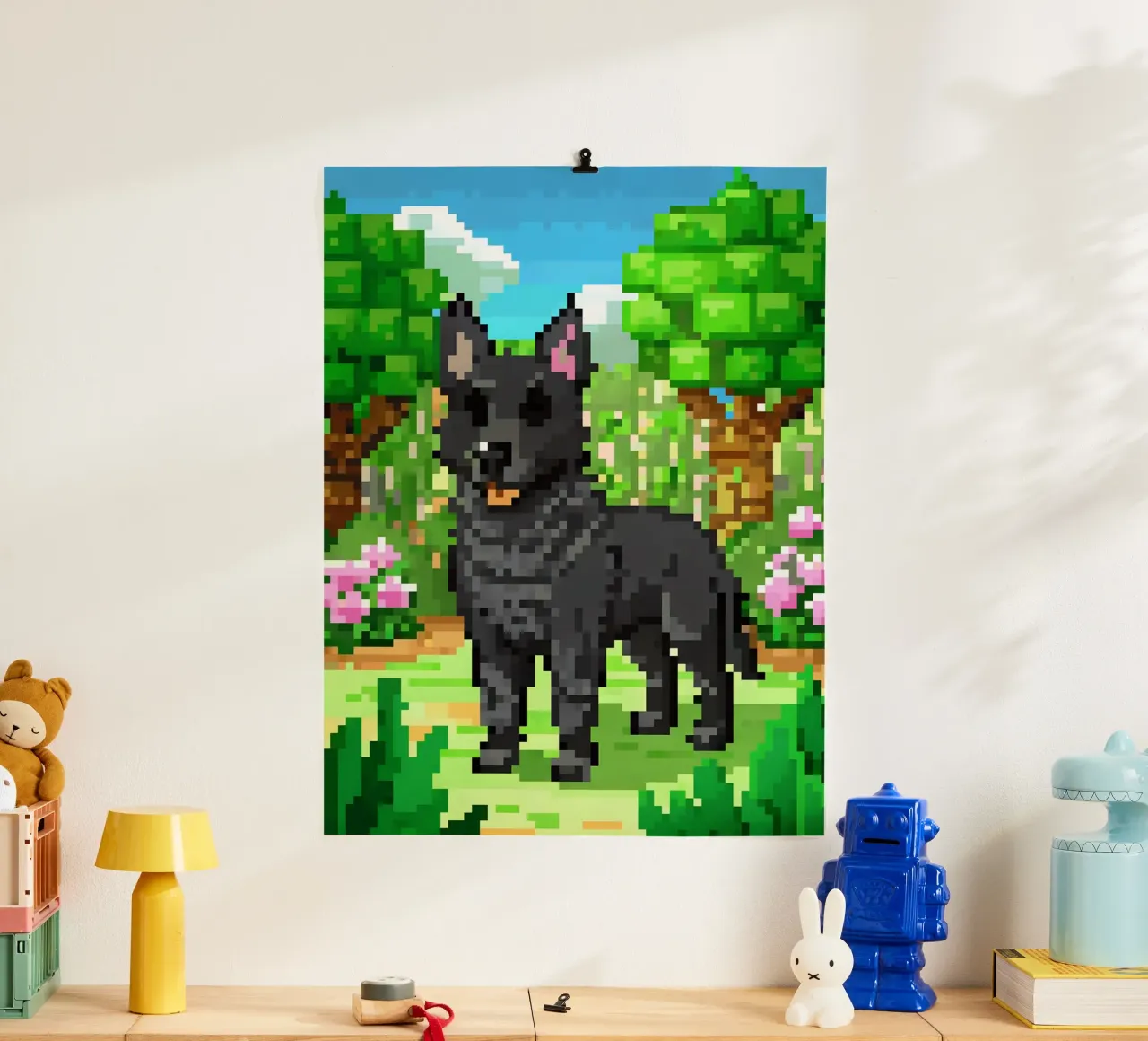 Cane nero in giardino verde poster con telaio in plastica da DOG AND CAT