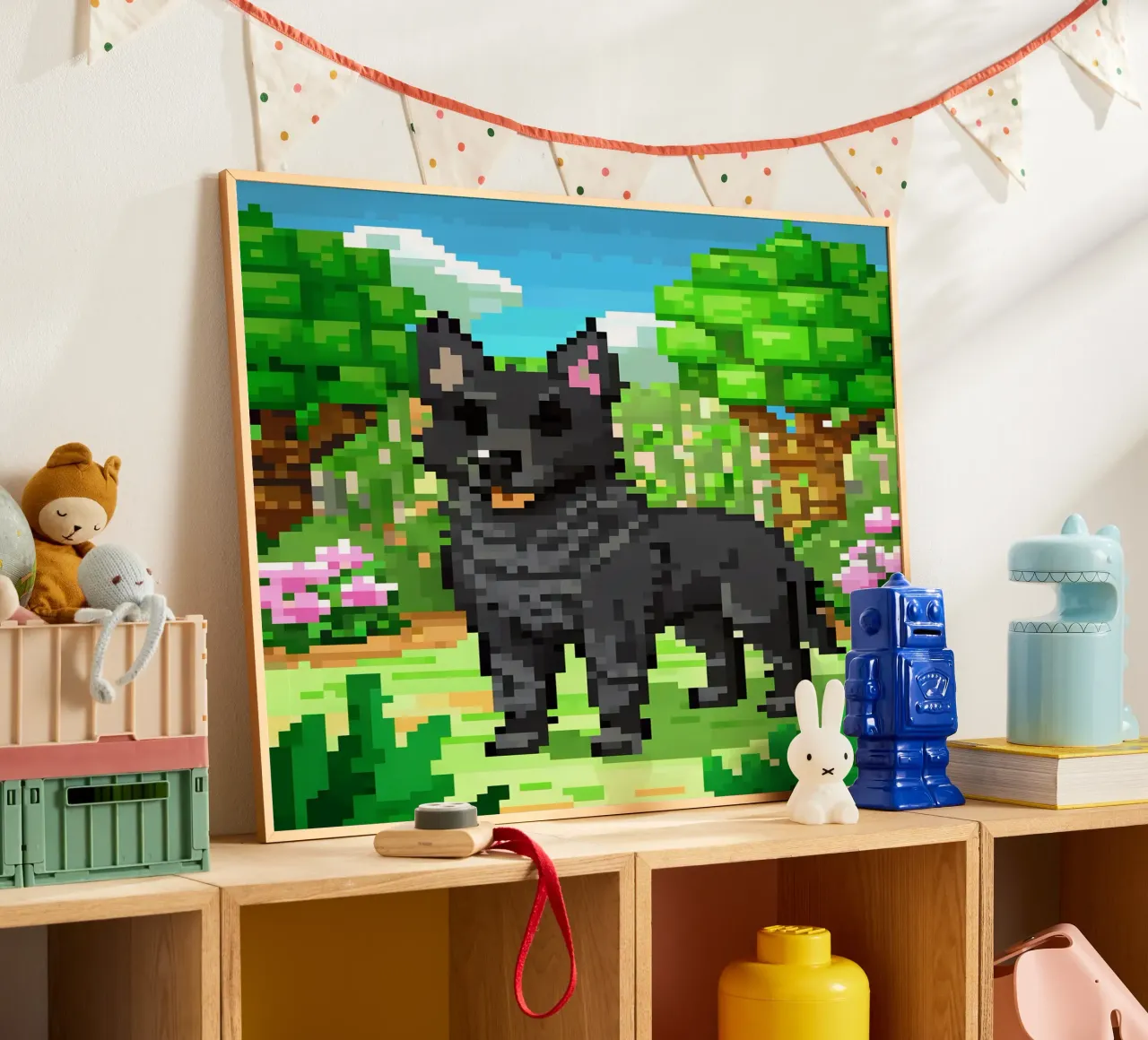 Cane nero in giardino verde poster con telaio in plastica da DOG AND CAT