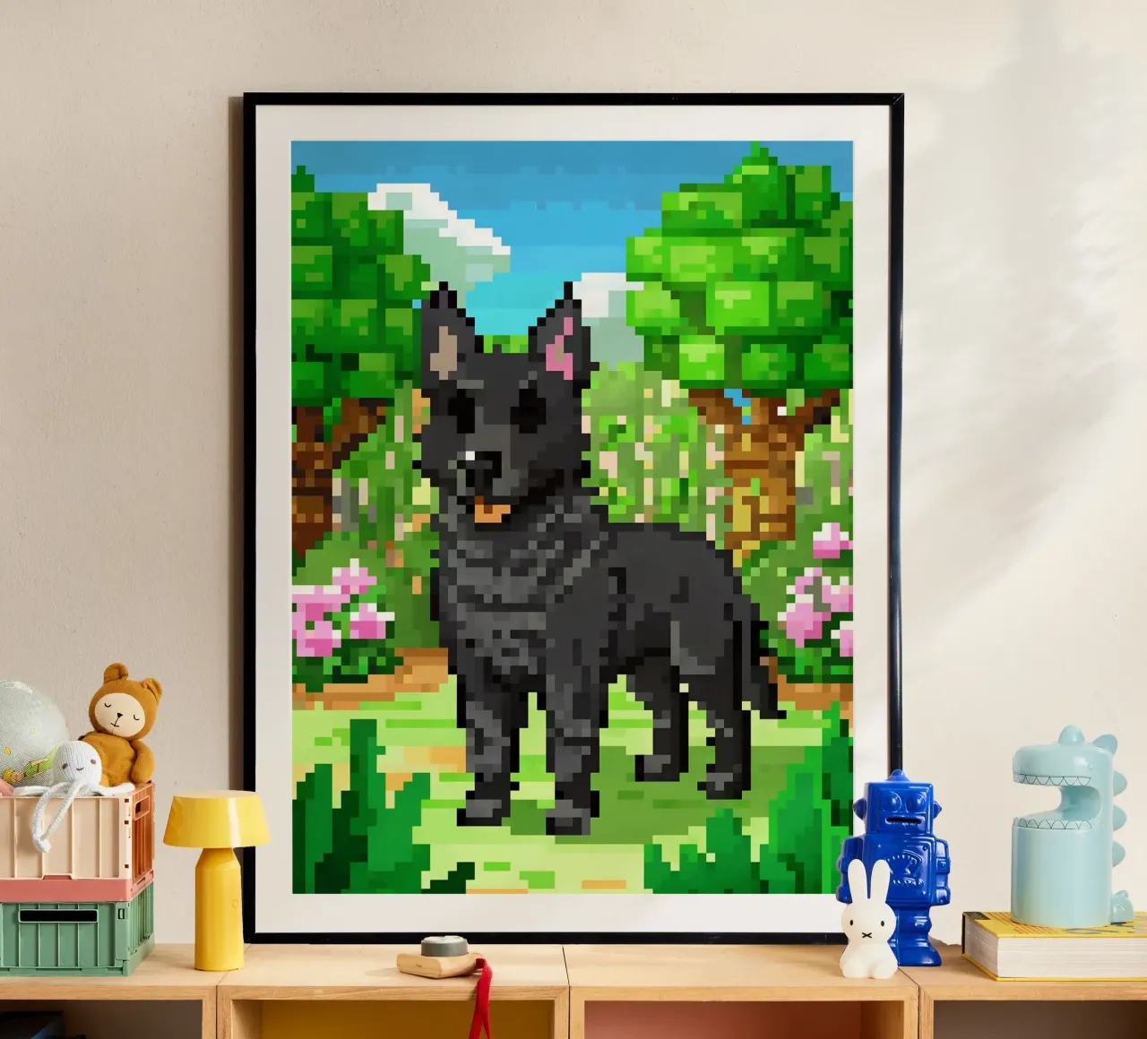 Cane nero in giardino verde poster con telaio in plastica da DOG AND CAT