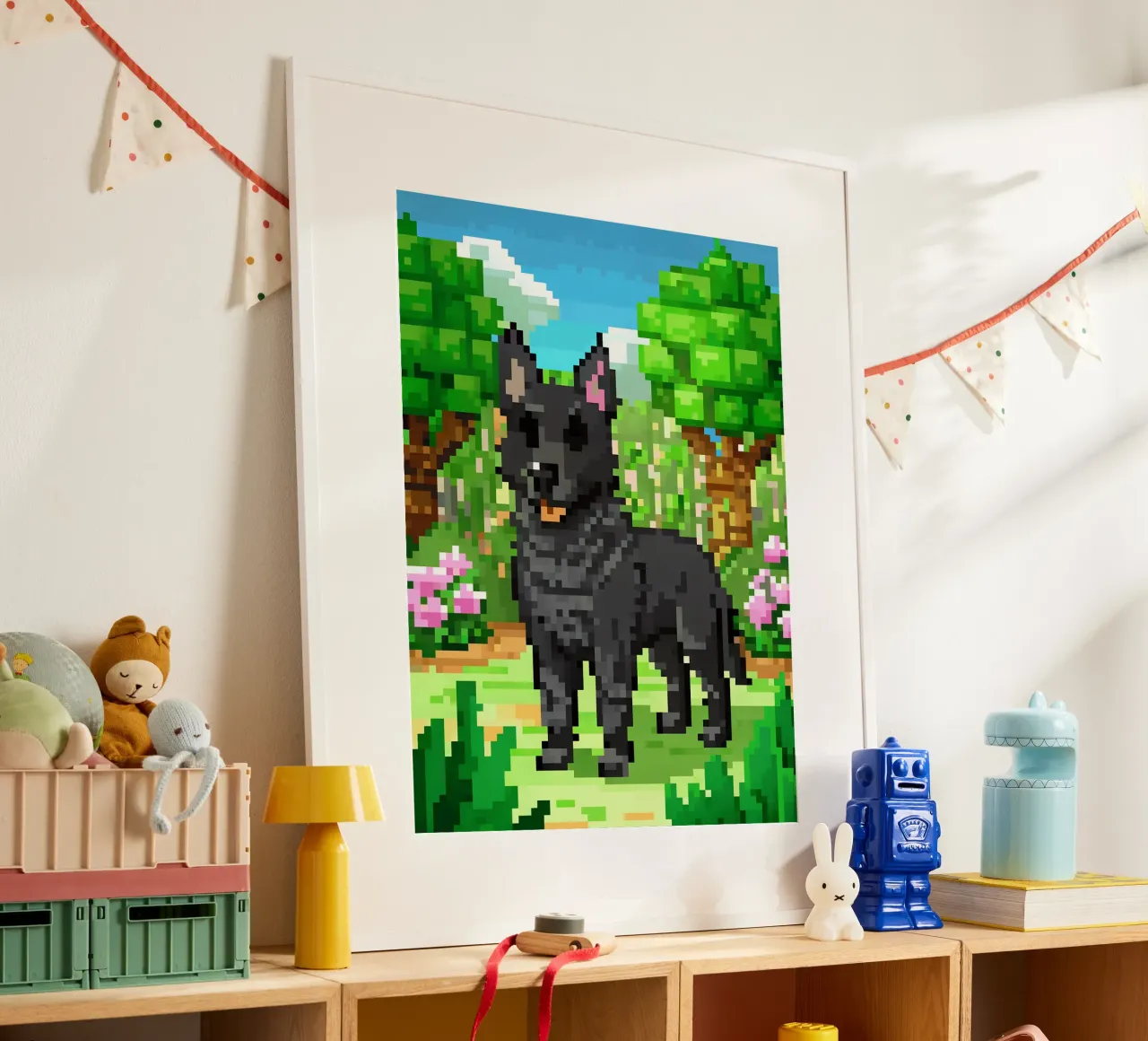 Cane nero in giardino verde poster con telaio in plastica da DOG AND CAT