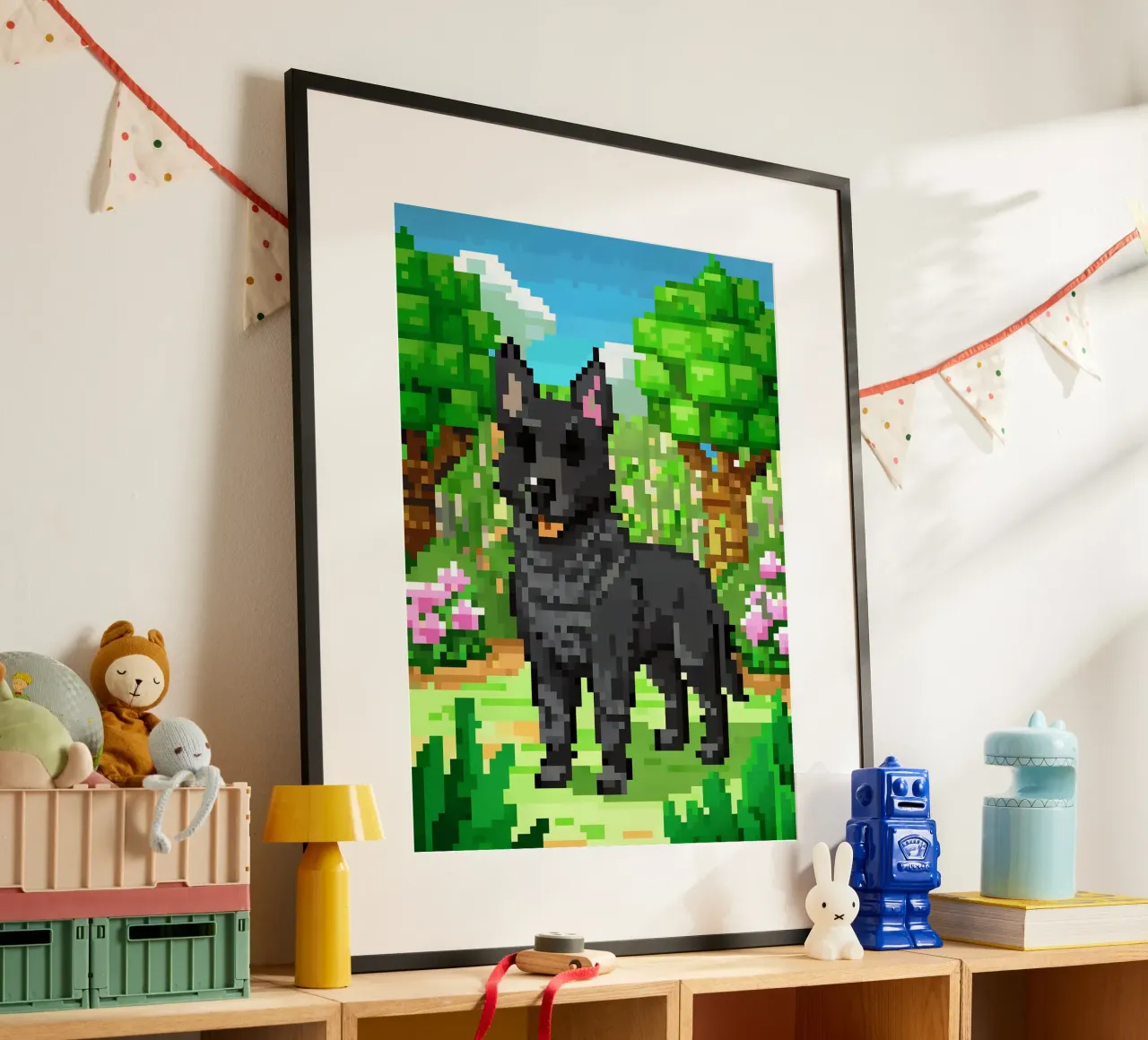 Cane nero in giardino verde poster con telaio in plastica da DOG AND CAT