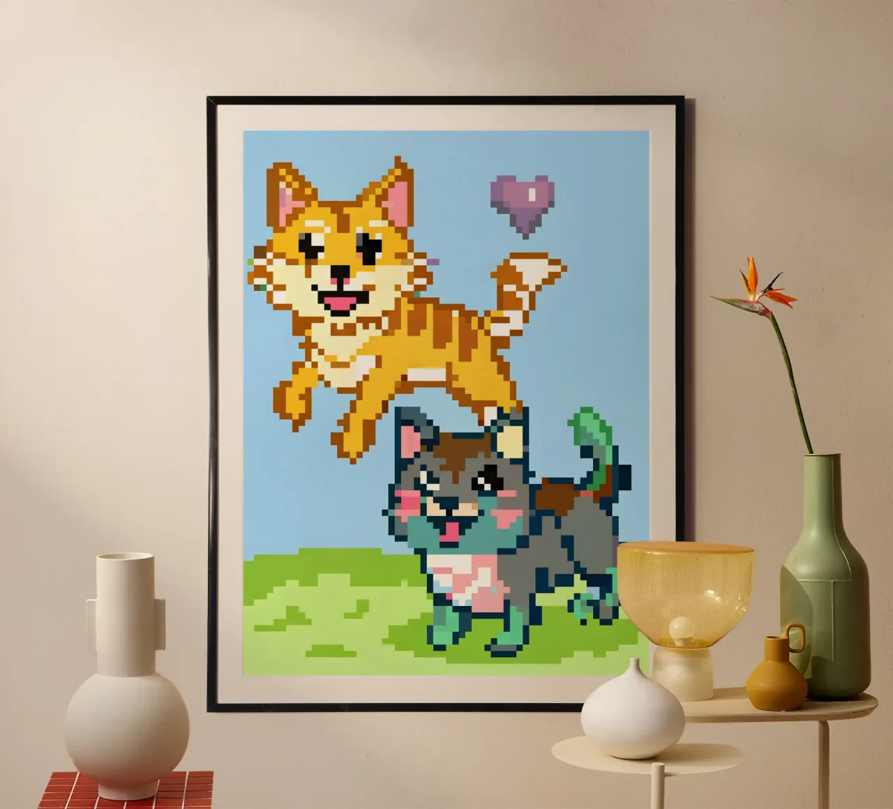 Gatti e cani che giocano poster con telaio in legno da DOG AND CAT