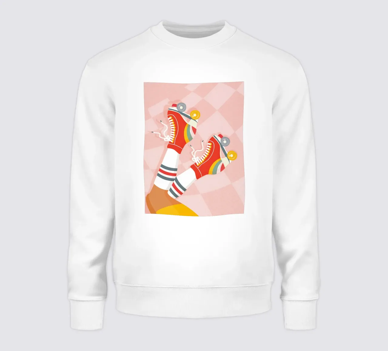 Retro rolschaatsen met benen omhoog houding op Groovy Checks sweatshirt van Dominique Vari