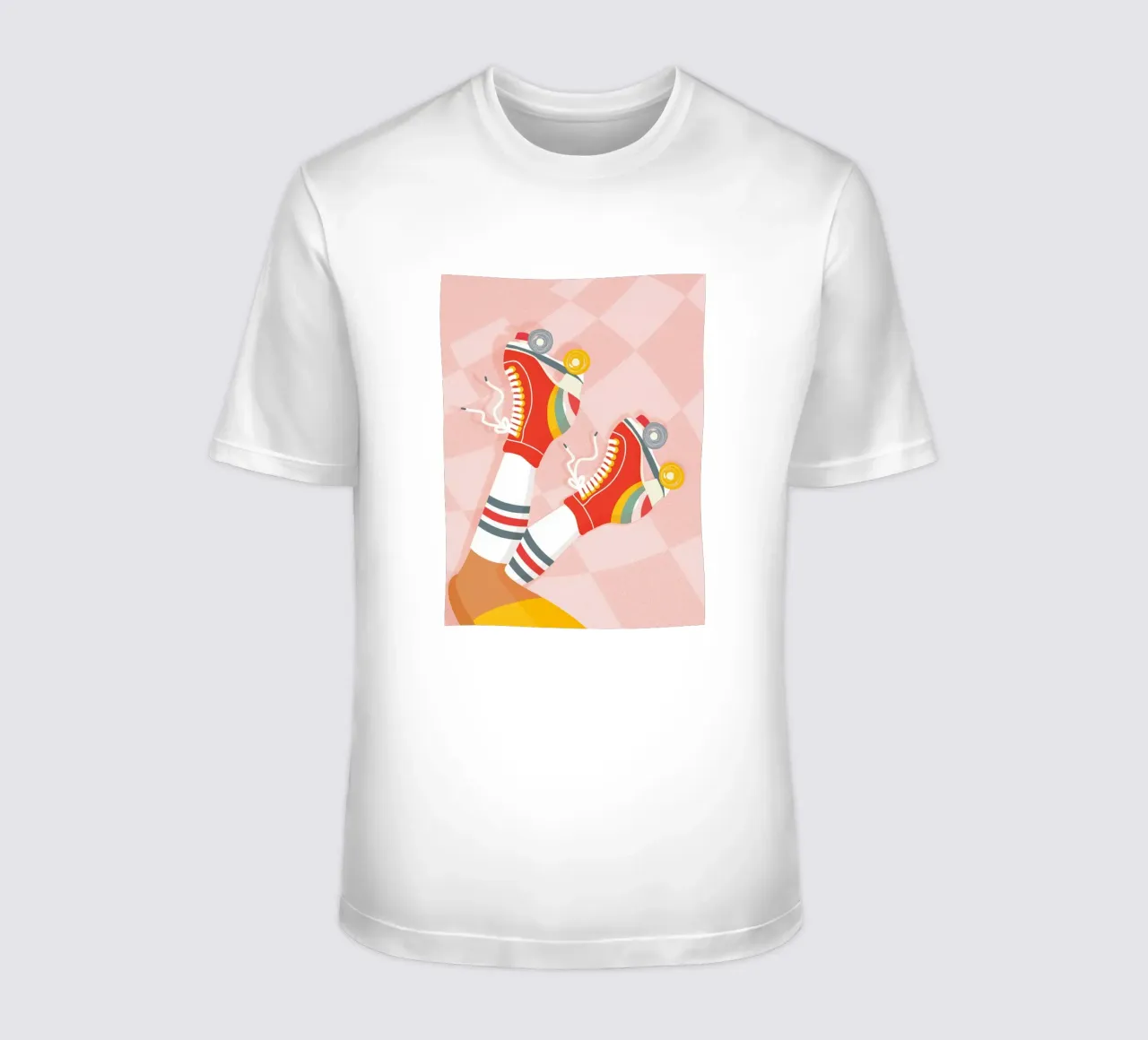 Retro-Rollschuhe mit hochgelegten Beinen auf Groovy Checks T-Shirt von Dominique Vari