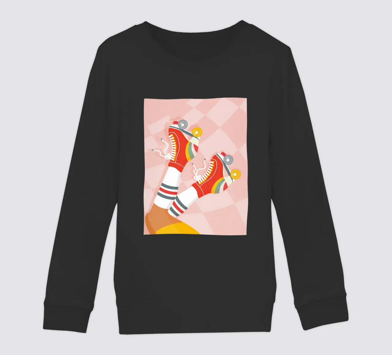 Pattini a rotelle retrò con posa a gambe in su su Groovy Checks felpa bambino da Dominique Vari