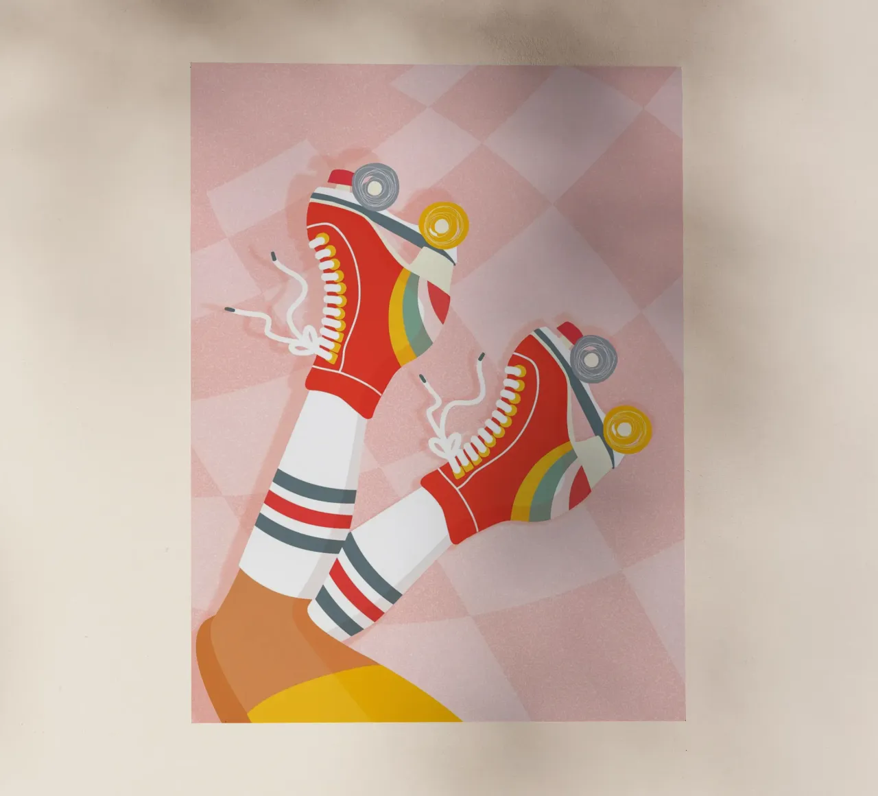 Pattini a rotelle retrò con posa a gambe in su su Groovy Checks pellicola backlit da Dominique Vari