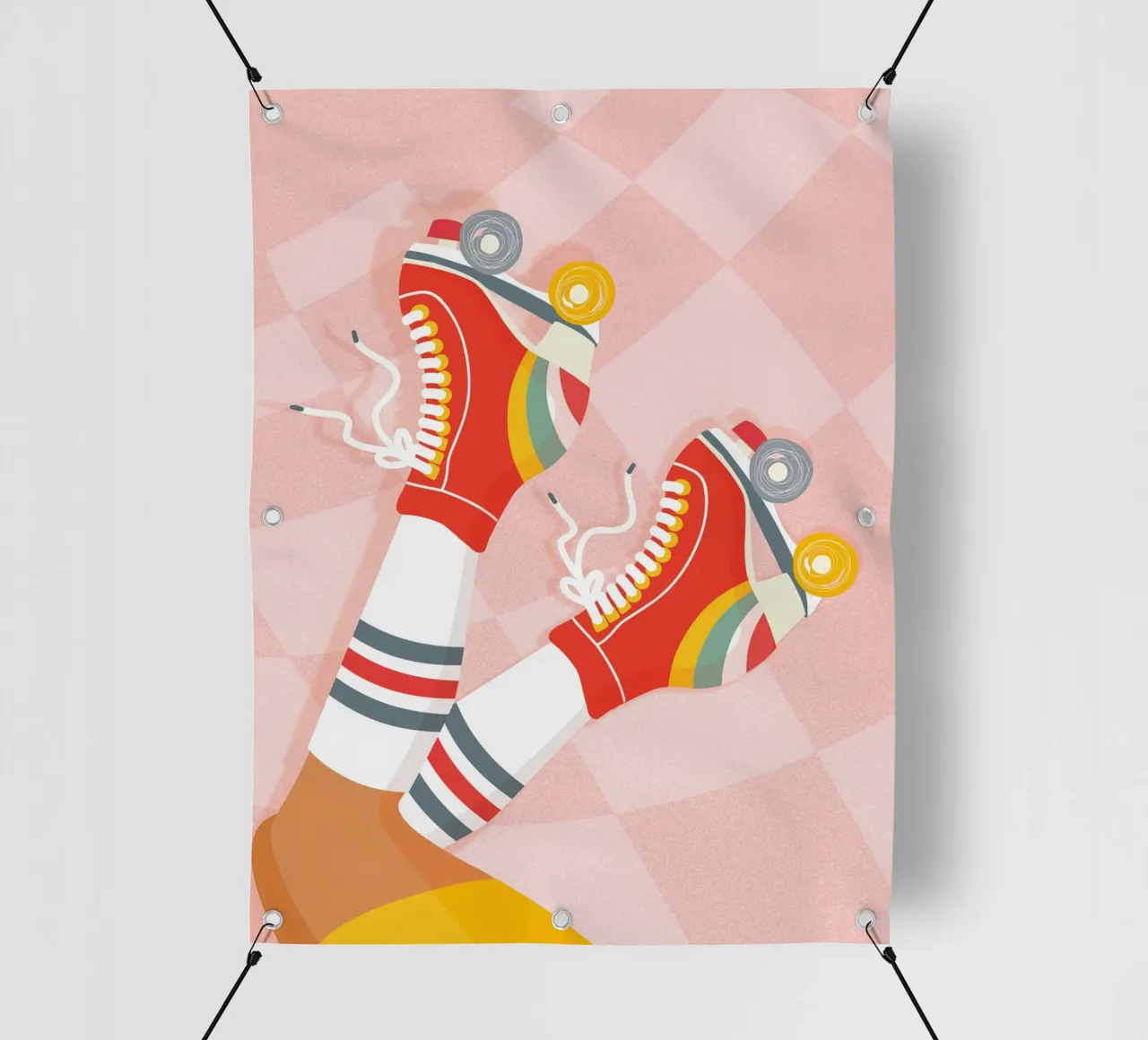 Pattini a rotelle retrò con posa a gambe in su su Groovy Checks telo in pvc da Dominique Vari