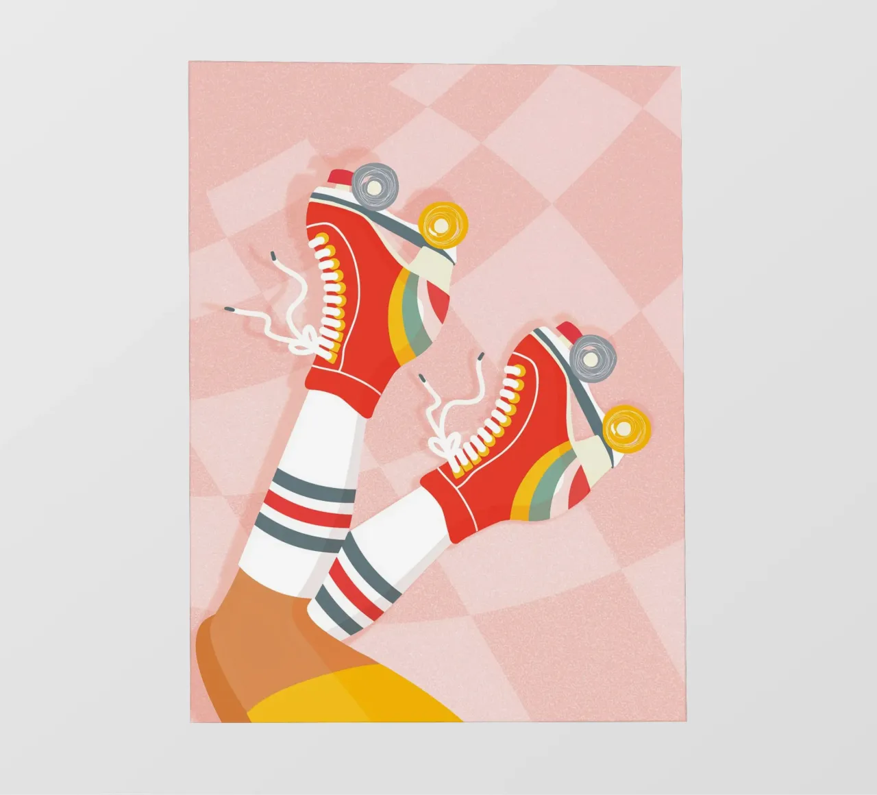 Retro-Rollschuhe mit hochgelegten Beinen auf Groovy Checks PVC Plane von Dominique Vari