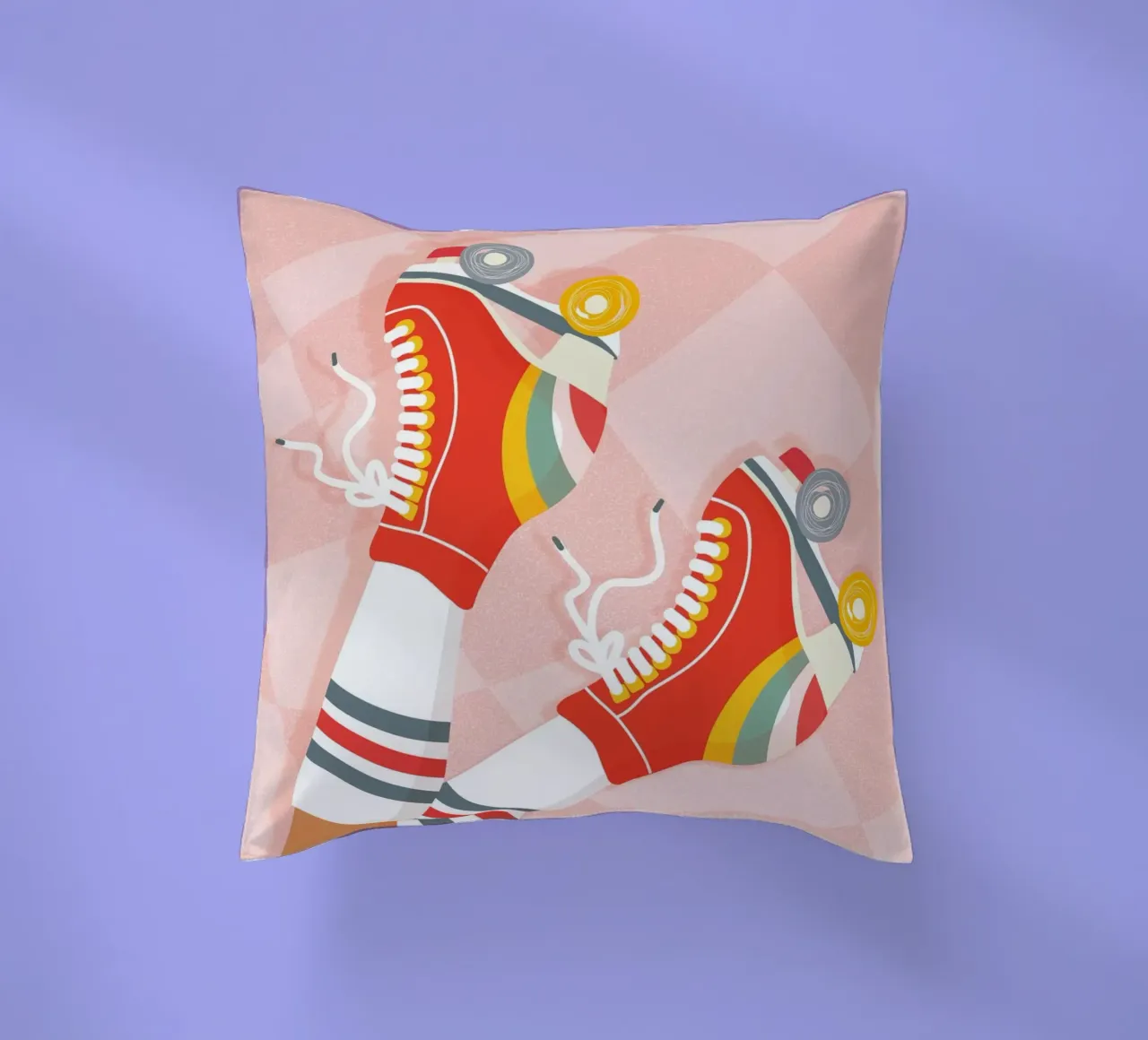 Pattini a rotelle retrò con posa a gambe in su su Groovy Checks cuscino da Dominique Vari