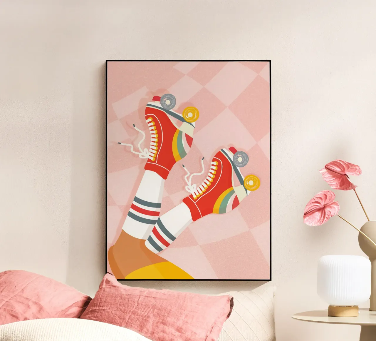 Pattini a rotelle retrò con posa a gambe in su su Groovy Checks plexiglass da Dominique Vari