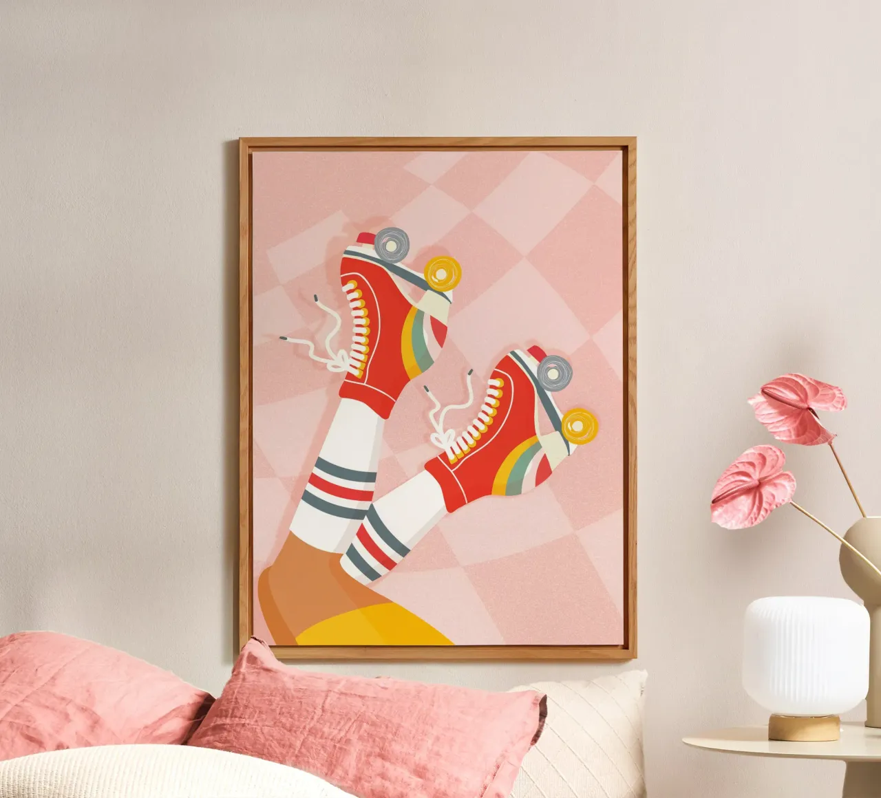 Pattini a rotelle retrò con posa a gambe in su su Groovy Checks alluminio dibond da Dominique Vari