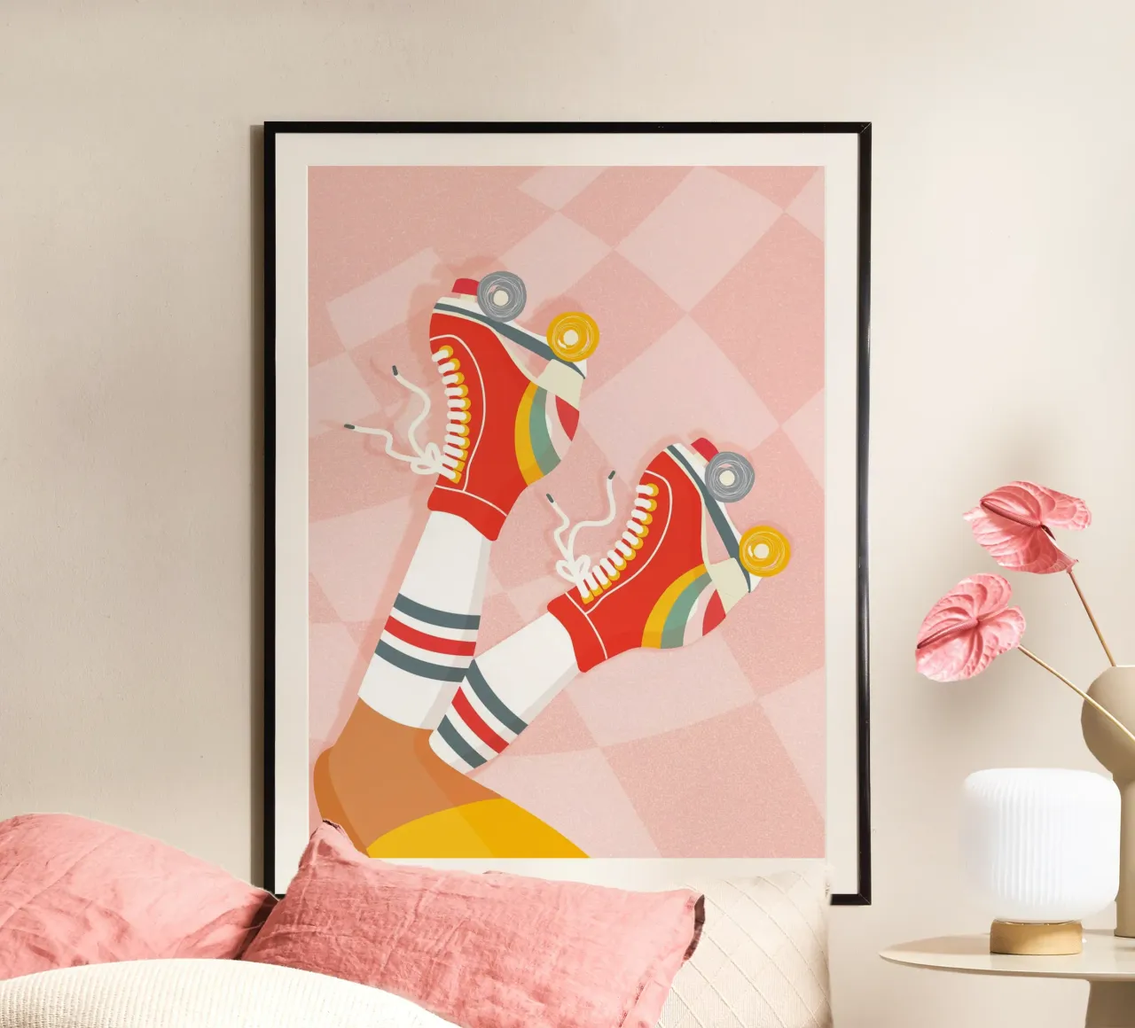 Retro rolschaatsen met benen omhoog houding op Groovy Checks hahnemühle van Dominique Vari
