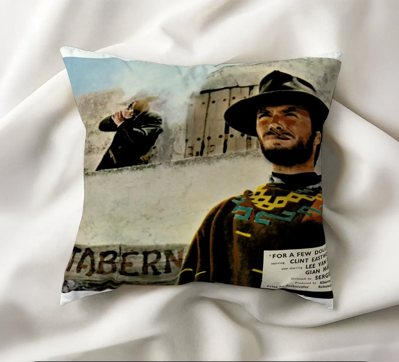 ‘For a Few Dollars More’ Retro Movie Poster decorative cushion by Gallery Print and Art Limited