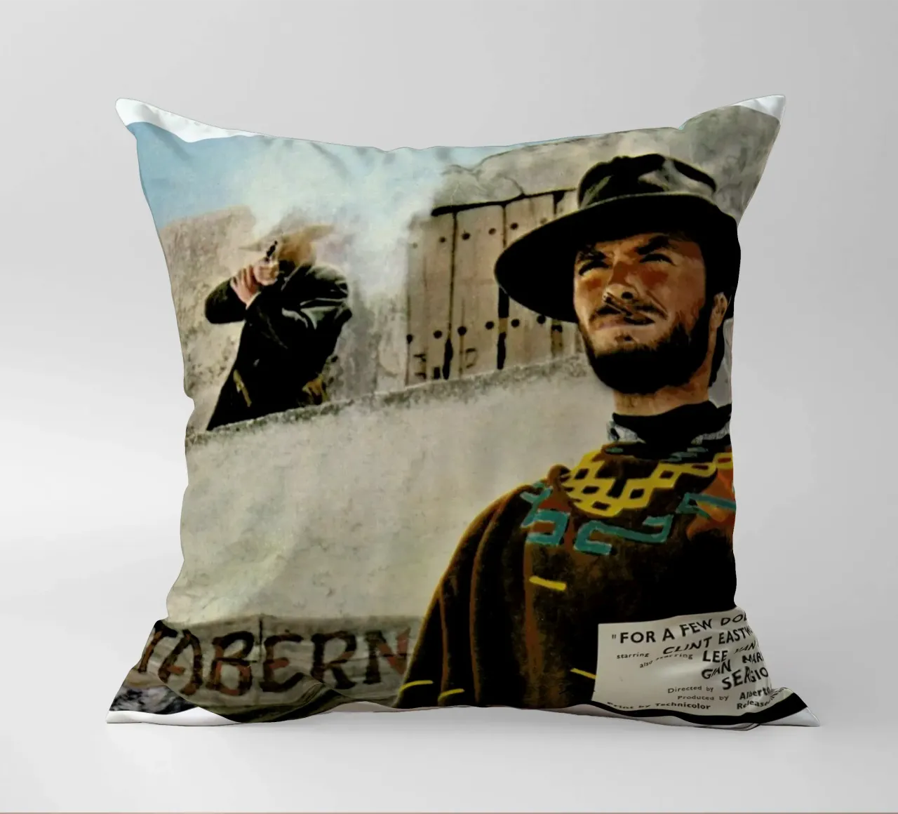 ‘For a Few Dollars More’ Retro Movie Poster decorative cushion by Gallery Print and Art Limited