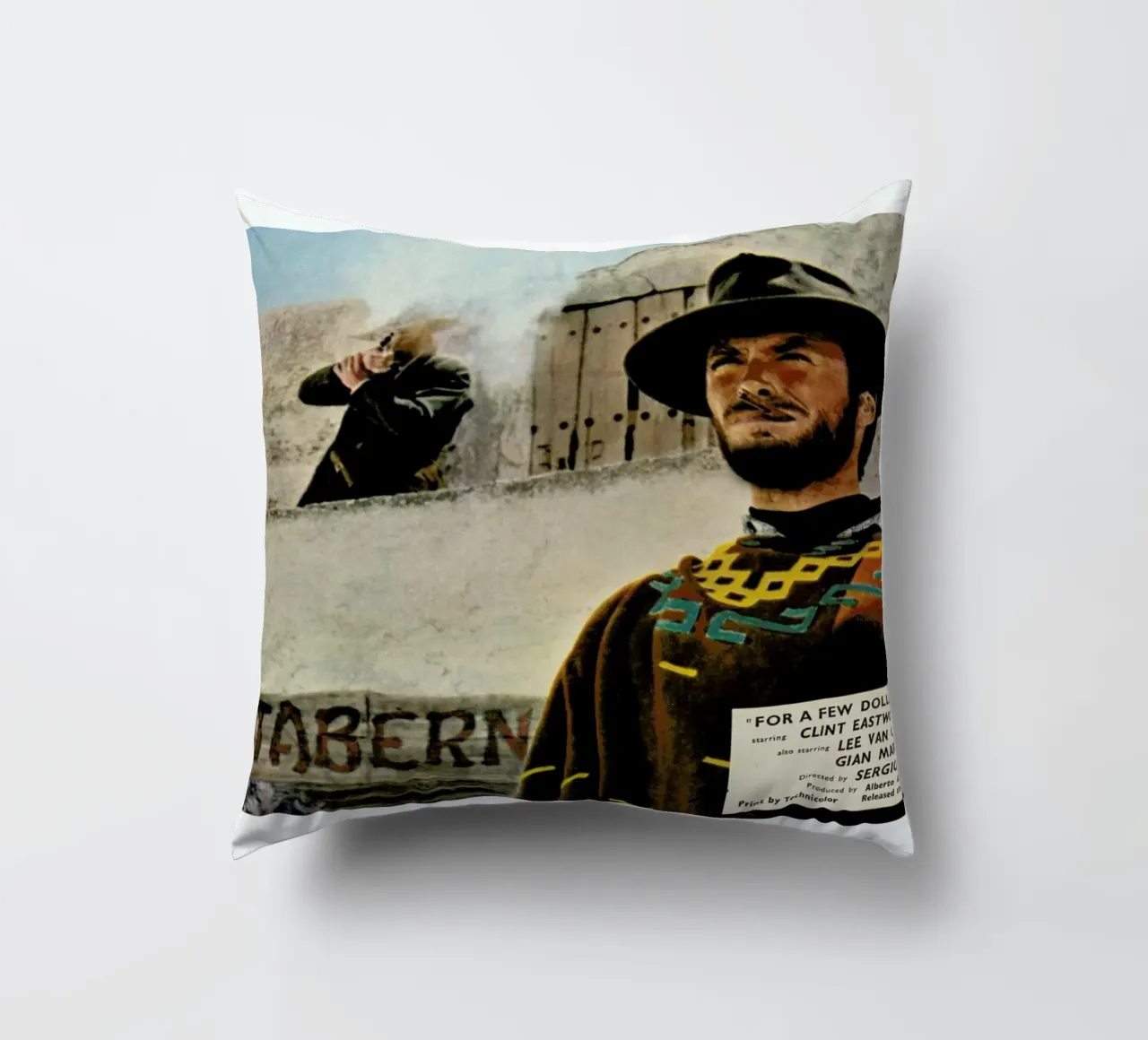 ‘For a Few Dollars More’ Retro Movie Poster decorative cushion by Gallery Print and Art Limited