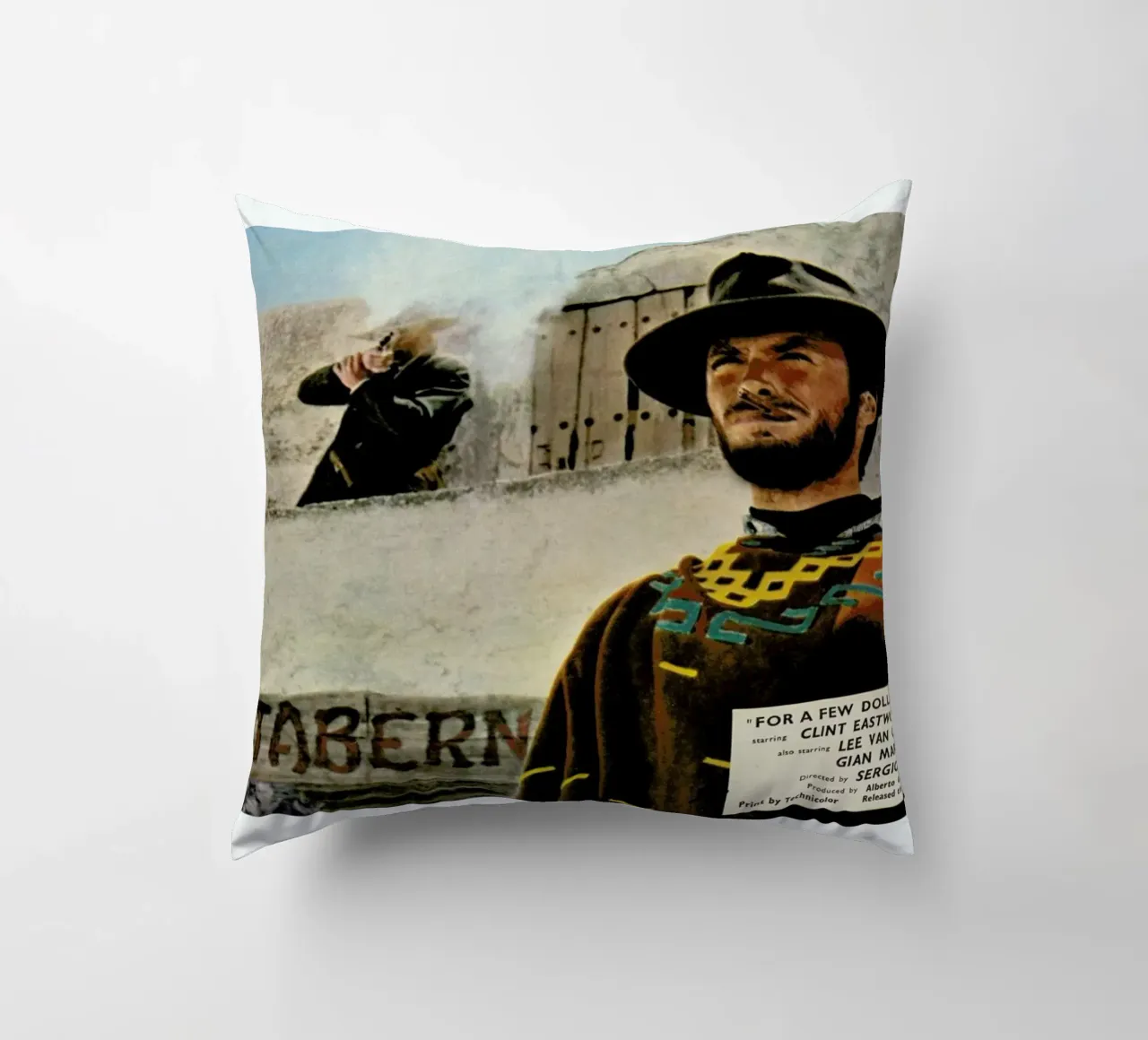 ‘For a Few Dollars More’ Retro Movie Poster decorative cushion by Gallery Print and Art Limited