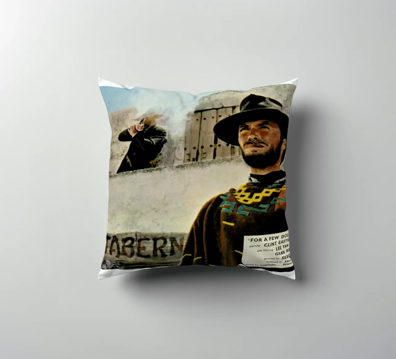 ‘For a Few Dollars More’ Retro Movie Poster decorative cushion by Gallery Print and Art Limited