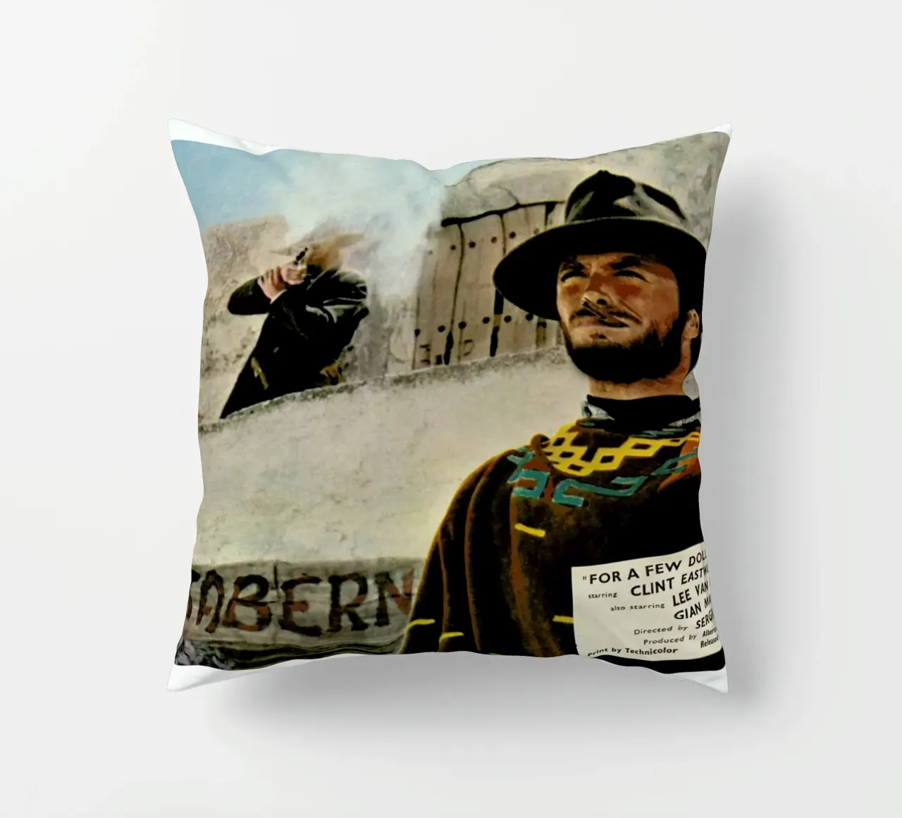 ‘For a Few Dollars More’ Retro Movie Poster decorative cushion by Gallery Print and Art Limited