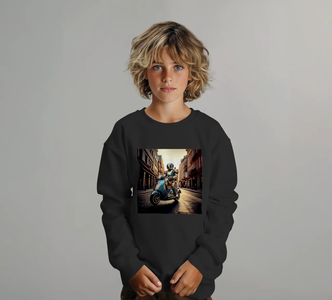 ROBOT EN SCOOTER BLEU. felpa bambino da Thierry vobmann photography