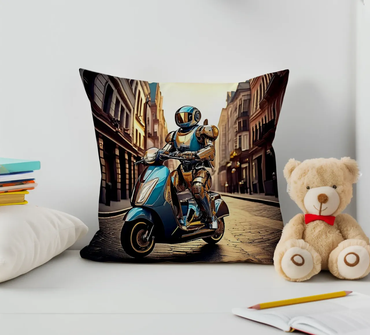 ROBOT EN SCOOTER BLEU. cuscino da Thierry vobmann photography