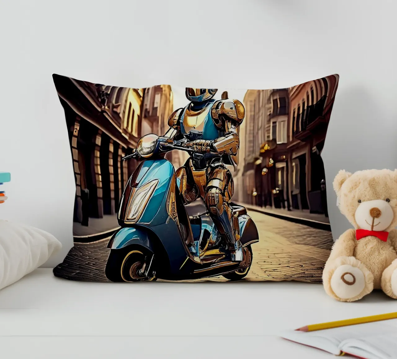ROBOT EN SCOOTER BLEU. cuscino da Thierry vobmann photography