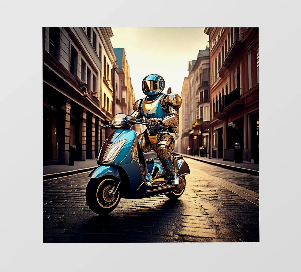 ROBOT EN SCOOTER BLEU. telo in pvc da Thierry vobmann photography
