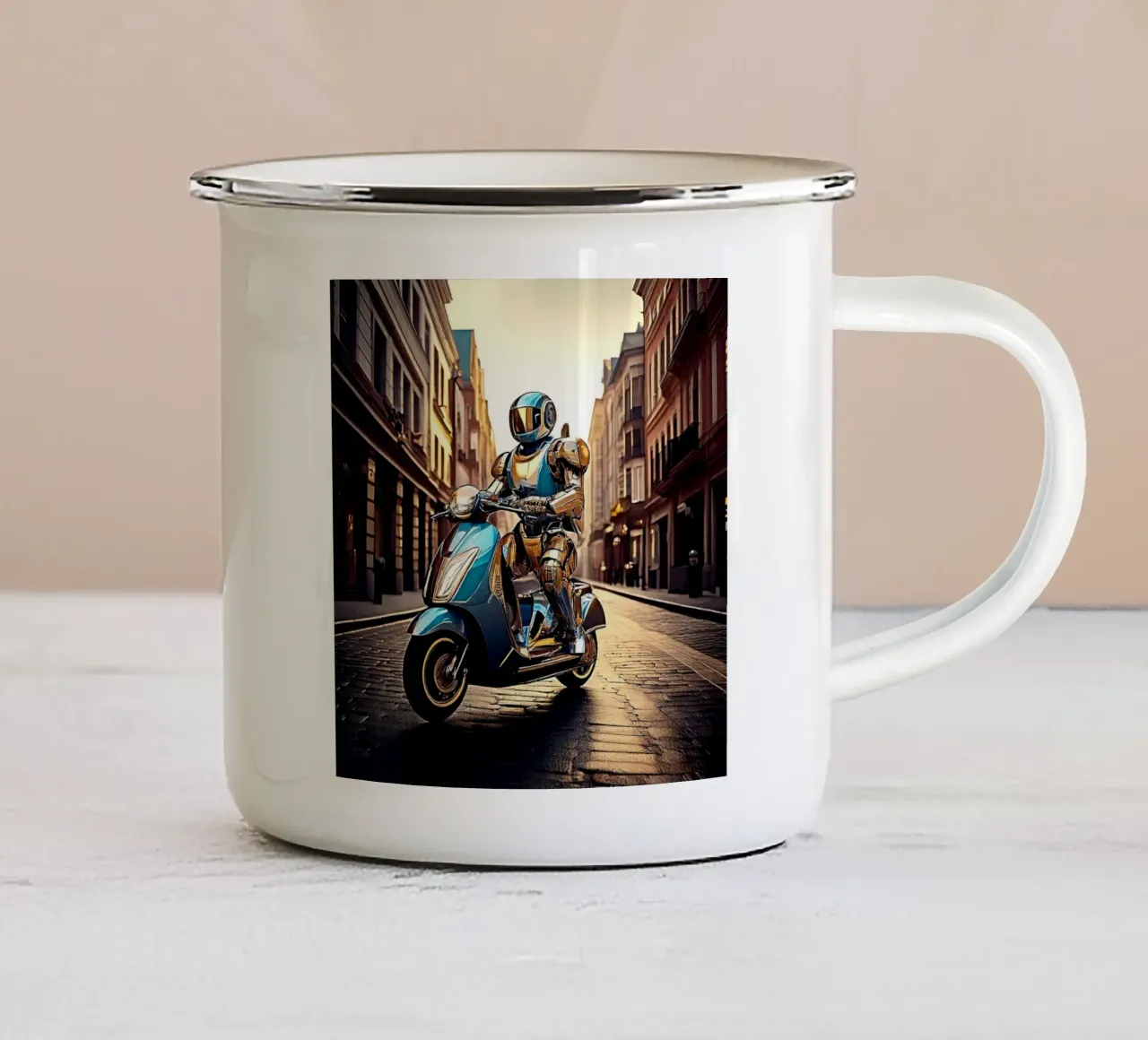 ROBOT EN SCOOTER BLEU. tazza in smalto da Thierry vobmann photography