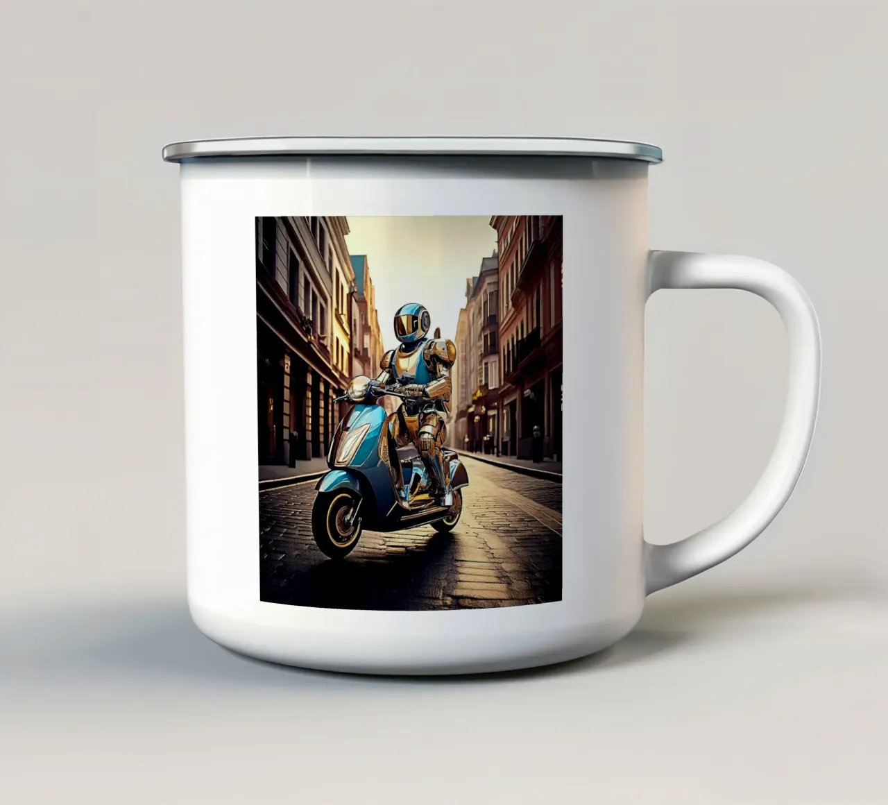 ROBOT EN SCOOTER BLEU. tazza in smalto da Thierry vobmann photography