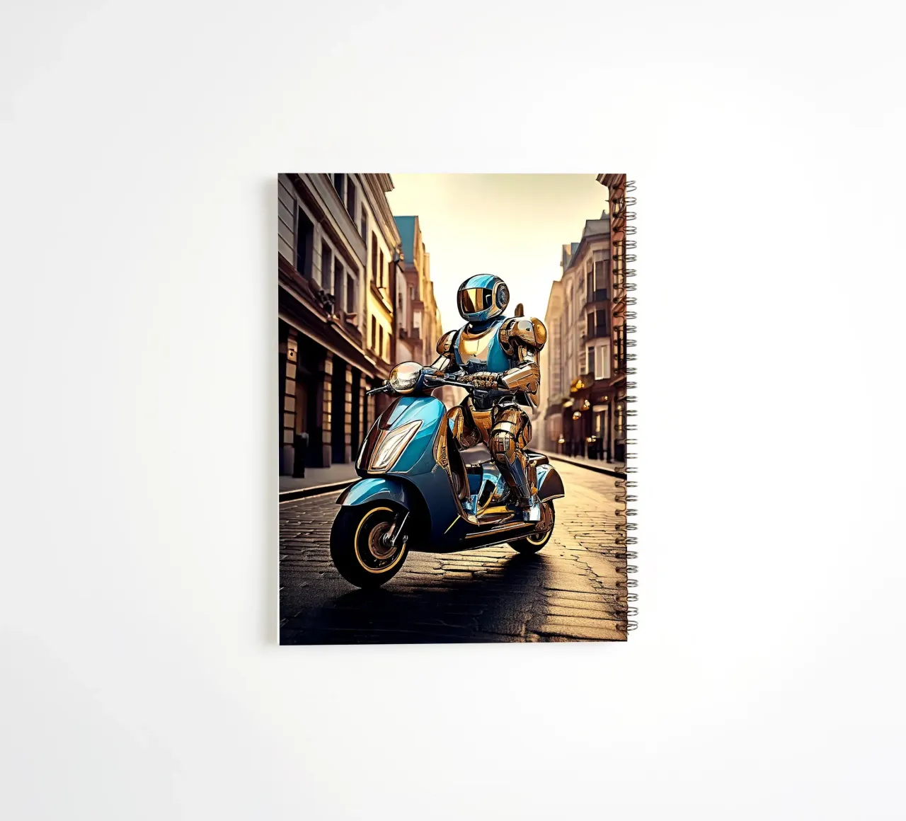 ROBOT EN SCOOTER BLEU. spiral notebook by Thierry vobmann photography