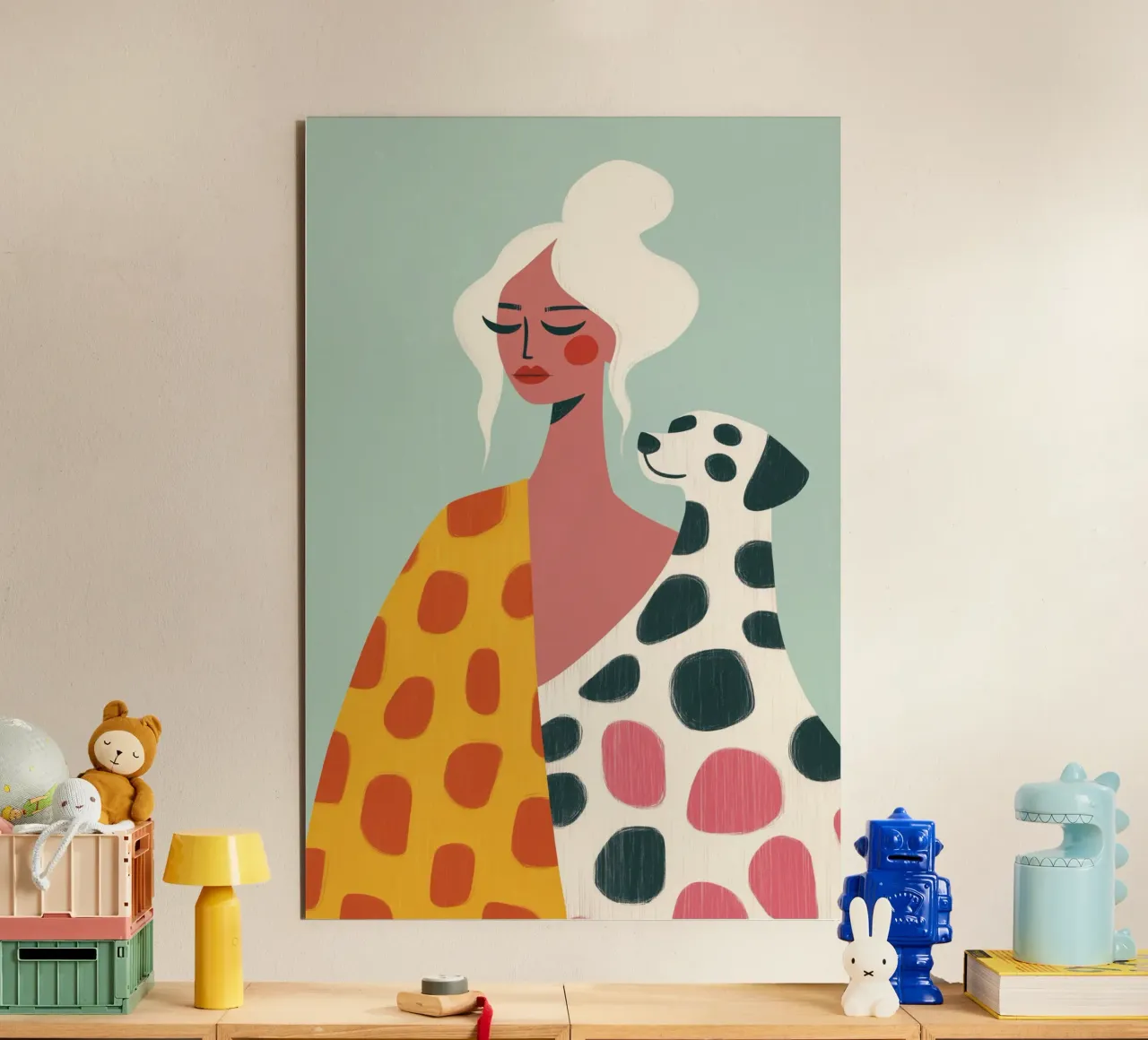 Donna con cane dalmata | Illustrazione con motivo a punti alluminio dibond da Autofocus