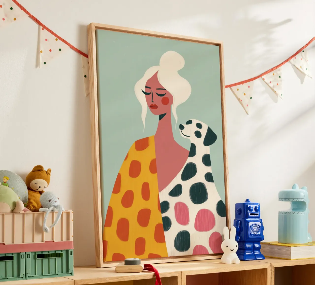 Woman with Dalmatian dog | Illustration with dot pattern canvas with Floater frame by Autofocus