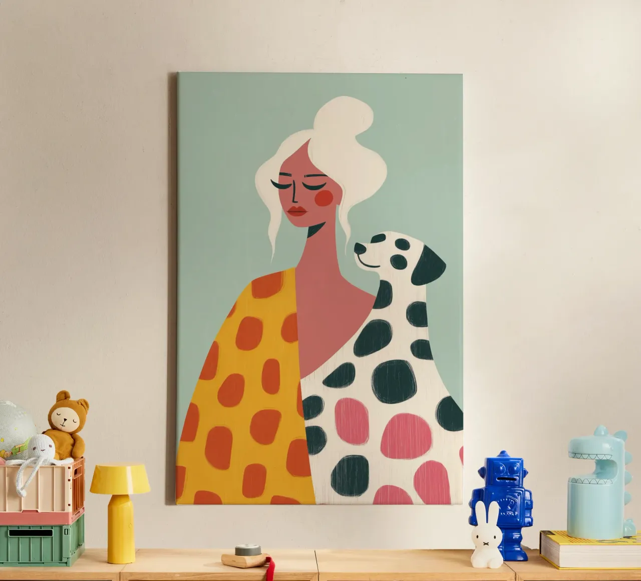 Woman with Dalmatian dog | Illustration with dot pattern canvas with Floater frame by Autofocus
