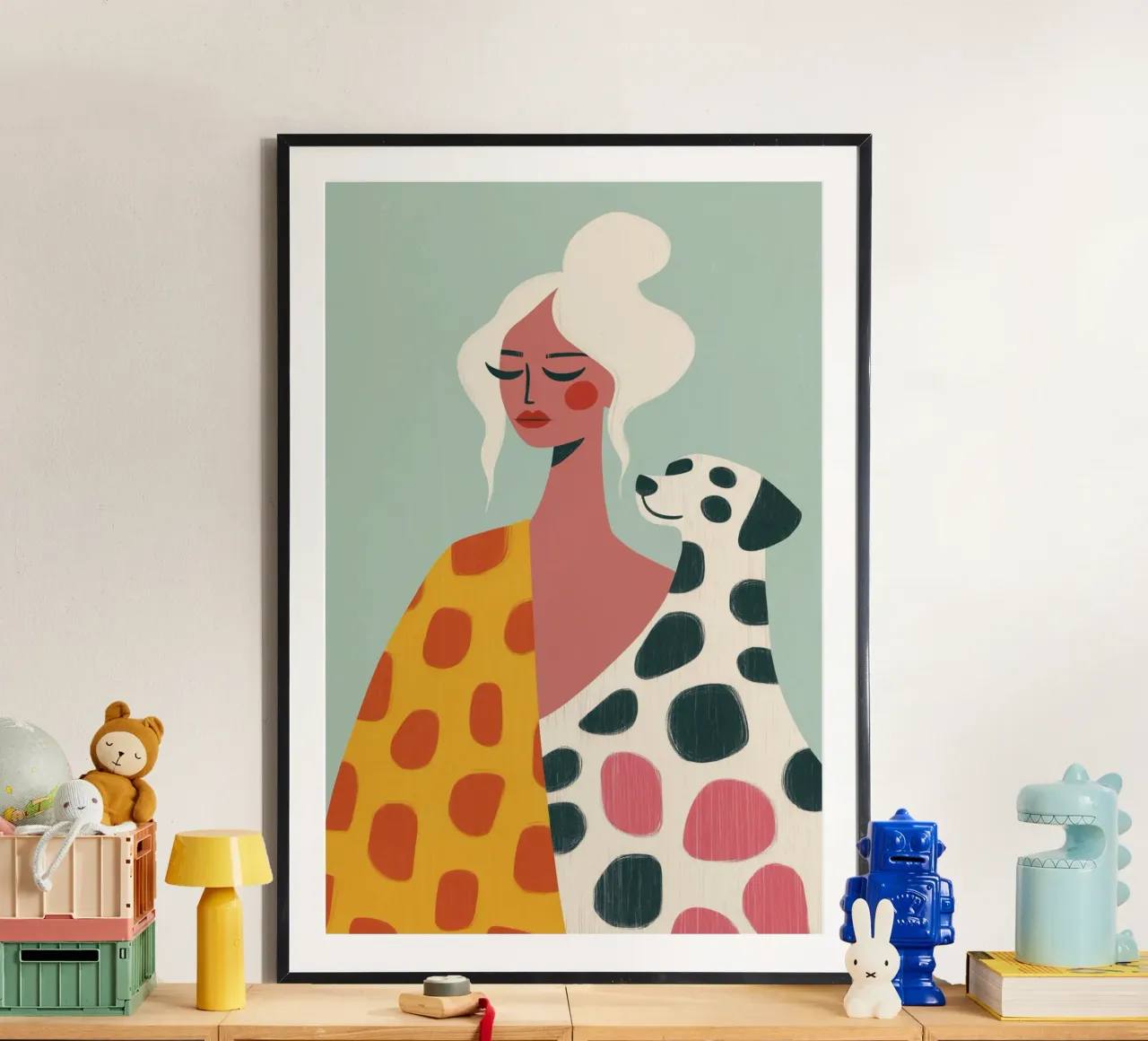 Femme avec chien dalmatien | Illustration avec motif de points poster avec cadre en bois de Autofocus